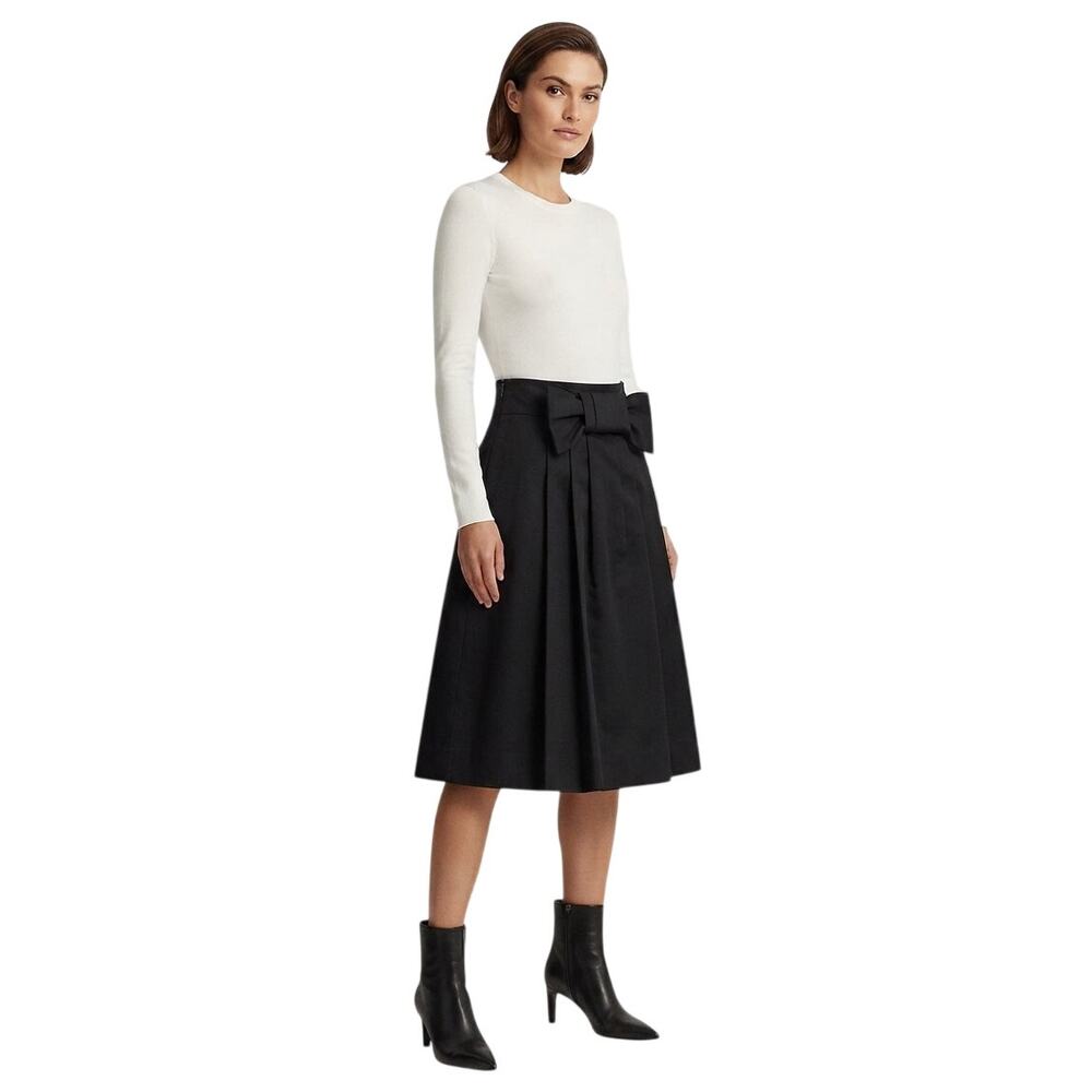 RED Valentino Silk Blend Bow Front Pleated A-Line Midi Skirt Black Women's Sz 40
